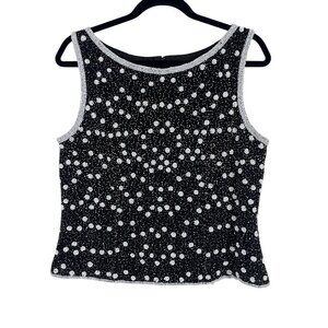 Papell Boutique Silk Beaded Top L Black Floral Tank Glam Vintage Cocktail Artsy